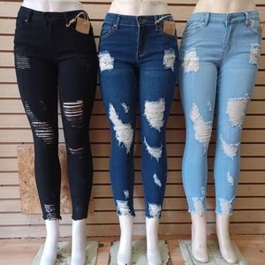 Women's Distressed Jeans - Black, Dark Blue, Light Blue
